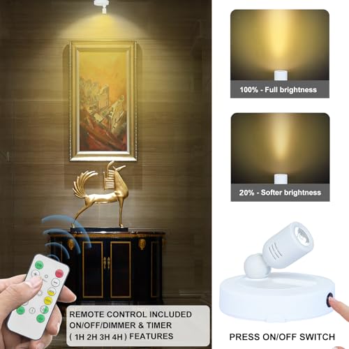 HAMVIDNE LED Spotlight, Battery Operated Spotlights with Remote, Up Lighting for Indoor Plants, Dimmable Tree Spotlight, Picture Lights for Wall Art Display Dartboard Painting Artwork Accent Frames - color: White