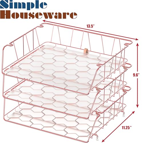 Simple Houseware Stackable Wide Entry Desk File Document Letter Tray with Liner, Wire Grid, 3 Packs, Rose Gold - color: Rose Gold, size: Wide Entry