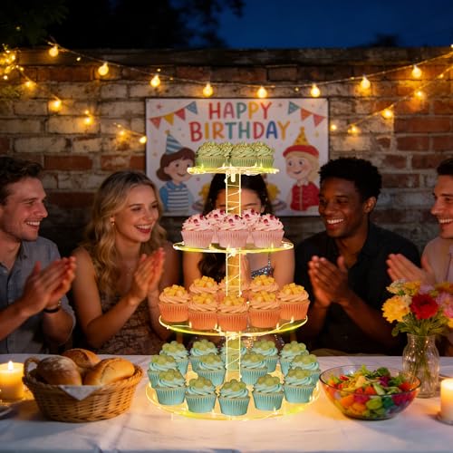 YestBuy 4 Tier Round Cupcake Stand, Cupcake Holder, 4 Tier Cupcake Tray, Acrylic Cake Tower Stand Display for Pastry + LED Light String, Ideal for Weddings, Birthday Parties (Yellow) - color: Yellow, size: 4 Tier Round