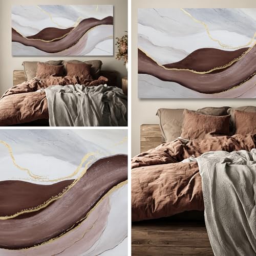 Hue7Art Modern Abstract Canvas Wall Art Neutral Flowing Lines Painting in White Gray and Brown, Minimalist Contemporary Artwork for Living Room Bedroom Office Wall Decor 24x48 Inch - color: White and brown and gold, size: 48"L x 24"W