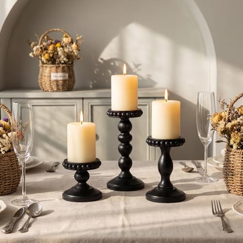 Mumufy 3 Pcs Candle Holders for Pillar Candles Rustic Farmhouse Home Decor Decorative Washed Beaded White Black Wood Candle Holder Country Style for Table Mantel Fireplace Wedding(Black,Small) - color: Black, size: Small