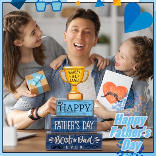 Yuntau 4 Pcs Father's Day Decorations Happy Father's Wooden Tabletop Tiered Tray Decor Rustic Best Dad Ever Trophy Wood Block Table Sign Centerpiece for Farmhouse Shelf Fireplace Birthday Party Gift - style: Father's Day