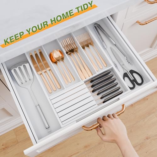 Bamboo Kitchen Silverware Drawer Organizer - Expandable Wood Utensil Holder with Dividers, Luxury Cutlery Storage Tray for Kitchen Utensil and Flatware (5-7 Slots with Removable Knife Block, (White) - color: White