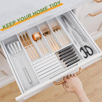 Bamboo Kitchen Silverware Drawer Organizer - Expandable Wood Utensil Holder with Dividers, Luxury Cutlery Storage Tray for Kitchen Utensil and Flatware (5-7 Slots with Removable Knife Block, (White) - color: White