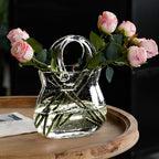 Glass Purse Vase for Flowers, Clear Bag Vase with Handle, Unique Handbag Shape Decorative Fish Bowl for Cute Room Table Shelf Decor, Wedding Centerpiece
