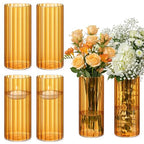 6 Pcs 8 Inch Tall Glass Ribbed Cylinder Vases Clear Floating Candle Flower Vase in Bulk, Hurricane Candle Holder for Wedding Housewarming Gift Table Centerpieces(Amber) - color: Amber, size: 8 Inch