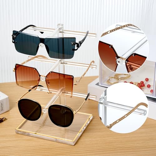 3-Tier Acrylic Sunglasses Display Stand, Gold Trimmed Eyeglasses Stands, Luxury Clear Vertical Glasses Holder for 3 Pairs Frames, Dresser Office Countertop Retail Boutique Counter Display - size: 1PC(3-TIER)
