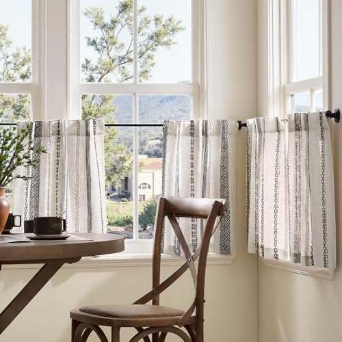 jinchan Boho Kitchen Curtains 24 Inch Linen Tier Curtains with Geometric Pattern Bohemian Cafe Small Light Filtering Window Treatment for Living Room RV Back Tab 2 PanelsBlack on Linen - color: Liora | Black on Linen, size: 26"W x 24"L (Pack of 2)