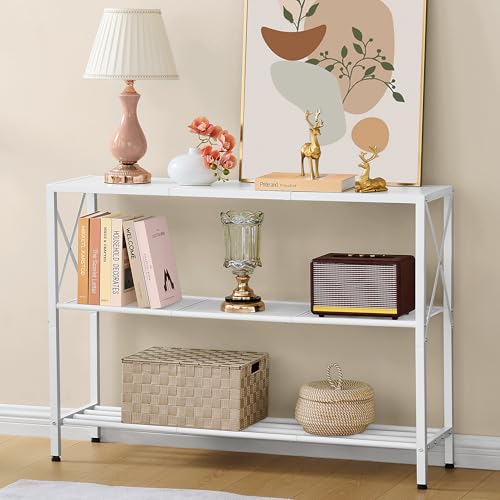 Hoctieon White Industrial Console Table, 3 Tier Entryway Tables, Hallway Desk, Narrow Sofa Tables with Shelves, Entrance Table for Entryway, Living Room, Foyer, Hallway, Office, White - color: White