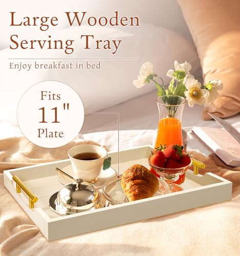 SXNOWS Ottoman Tray for Coffee Table & Couch, Large Wooden Serving Tray with 2 Set of Handles - Modern Farmhouse Rectangle Decorative Tray for Living Room Kitchen Includes 4 Coasters, Off-White/Cream - color: Off-white