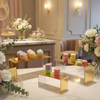 Chuangdi 2 Sets Acrylic Display Risers, Product Stand, Jewelry Display Riser Shelf Showcase Fixtures for Dessert Cupcake Candy Figure Treat Action Showcase (Gold,Large Set) - color: Gold, size: Large Set