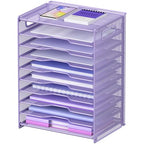 OUTWOLF 10 Tier Paper Organizer - Letter Tray Mesh Desk File Organizer with Handles for Office School Desktop, Purple - color: Purple