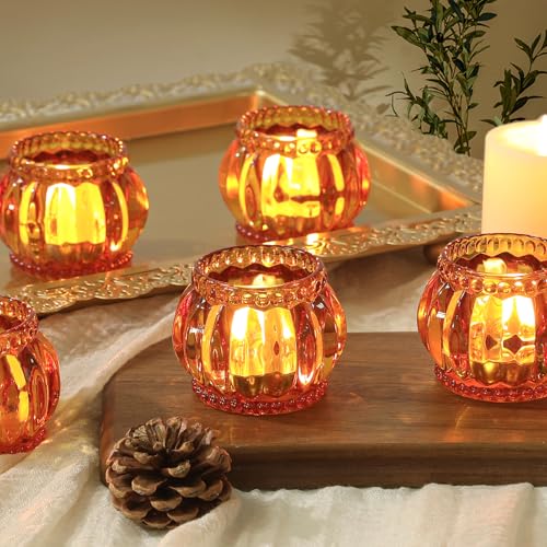 SHOHAYTO Set of 6 Amber Tea Light Candle Holders, Votive Candle Holders for Wedding Table Centerpieces, Tealight Holders for Christmas Party & Home Decor
