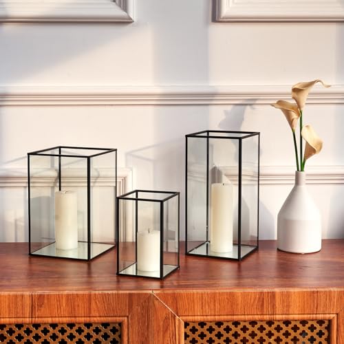 PHOSPHOR Glass Hurricane Candle Holder Set of 3 PCS Large Glass Square Candle Holder Black Lanterns Decorative for Pillar Candle Indoor Candle - color: Black 3pcs-large