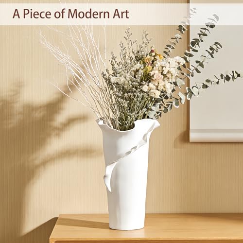Abstract Irregular Ceramic Vase, White Irregular Pottery Vase, Handmade Decorative Minimalist Flower Vases for Modern Home, Tabletop, Shelf & Office - size: 21" x 20" x 32"