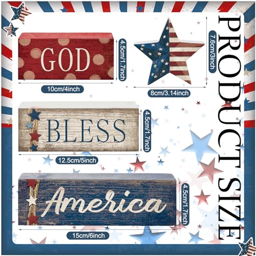 CroBlissful 4 Pcs 4th of July Decorations Patriotic Memorial Day Tabletop Decorations Red White Blue Table Centerpieces Sign for Office Tiered Tray Home Shelf 250th Anniversary(Star Independence Day) - style: Star Independence Day