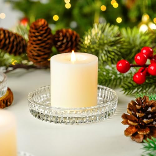 kanpura Crystal Glass Candle Holder Plates Set of 2 3.7 Inch Round Clear Glass Pillar Candle Holder Snowflake Votive Candle Holder Set for Christmas Winter Party Birthday Holiday - color: Snowflake,1