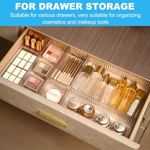 HOTOOLME 7PCS Clear Drawer Organizers Bins, 4 Size Stackable Makeup Drawer Organizer, Desk Plastic Drawer Storage Trays, Bathroom Drawer Storage for Cosmetics, Office Supply, Kitchen Utensils - style: 7 Pack