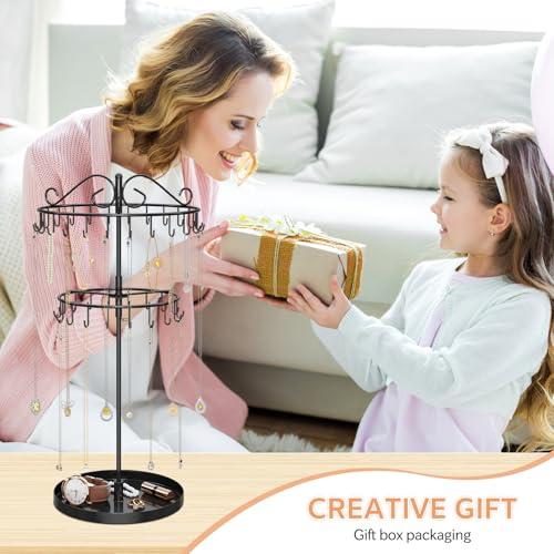 iDavosic.ly 2 Tier Rotating Necklace Organizer with Jewelry Tray, Adjustable Metal Necklace Holder with 42 Hooks, Extra Tall Bracelet Keychain Spinning Display Stand Tree Tower for Women, Black - color: Black with Tray