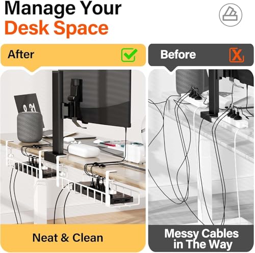 3 Pack Cable Management Under Desk Tray, 47.1" No Drill Under Desk Wire Management with Upgraded Clamp, Metal Cord Organizers with Cable Organizers, PC Cord Organization Rack, White - color: White, size: 3 Pack (Standard)
