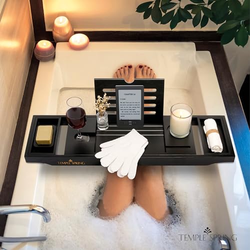 Temple Spring Bamboo Bathtub Tray Caddy for Tub — Expandable Wood Bath Tray with Solid Book Stand Wine Holder and Non-Slip Pads — Includes Bamboo Soap Dish and Spa Accessories — Luxury Bath Gift Set - color: Black