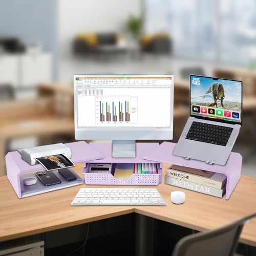 LEKETREE Dual Monitor Stand Riser with Drawer, Desk Organizer and Accessories, Metal Laptop Stand for Desk, Workspace Desktop Stand for Computer, Laptop, TV and More (Purple) - color: Purple