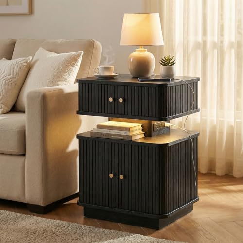 LED Light End Table with Charging Station, Black Smart Mid Century Bedside Table with USB Type A C Ports, Small Fluted Accent Control Nightstand with 2 Sliding Door for Living Room, Curvy Edge - color: Black