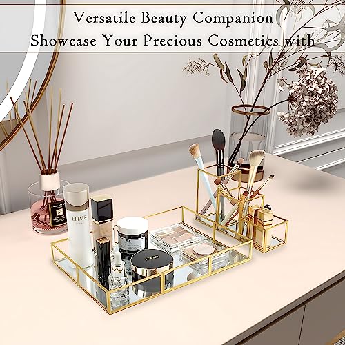 Gold Metal Frame and Glass Vanity Tray Set, Large Decorative Platform for Perfumes, Makeup Brushes, Jewelry Display, Office Stationery Holder, Sophisticated Design, 12.2x8.5x2.2 in - style: Tray-Holder