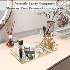 Gold Metal Frame and Glass Vanity Tray Set, Large Decorative Platform for Perfumes, Makeup Brushes, Jewelry Display, Office Stationery Holder, Sophisticated Design, 12.2x8.5x2.2 in - style: Tray-Holder