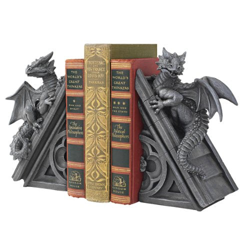 Design Toscano Castle Dragon Gothic Decor Decorative Bookend Statues, 8 Inch, Set of Two, Polyresin, Grey Stone