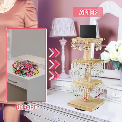ERTIUANIO Bracelet Holder Display, 3 Tier Wooden Rotating Display Stand for vendors, 60 Hooks for Bracelet, KeyChain, Necklace, Jewelry