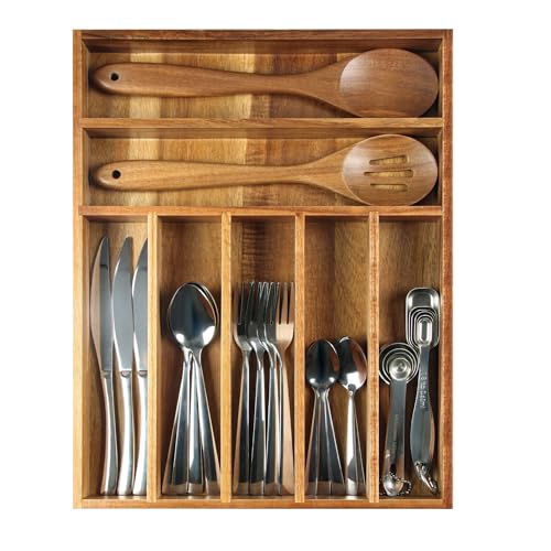 KITEISCAT Acacia Wood Silverware Organizer, Kitchen Utensil Drawer Organizer for Forks & Spoons, 7-Compartment Cutlery Tray, Flatware Holder - size: 7 Compartments