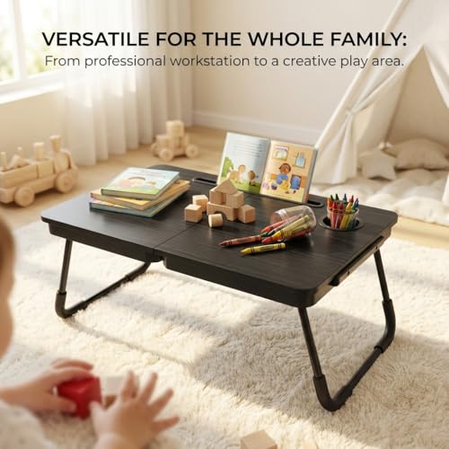 BUYIFY Foldable Laptop Bed Desk for Couch, Sofa - Large Lap Desk Tray Table with Cup Holder and Tablet Slot - Portable Notebook Stand for Eating, Writing, Studying and WFH -NEW-006 - color: Deep Black