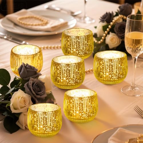 IMAGE Votive Gold Candle Holders, Elegant Glass Tea Light Holder for Weddings, Diwali, Home Decor, Shower, Party & Gift (6)