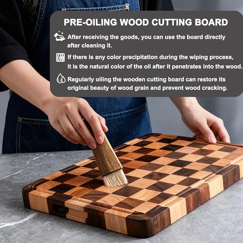 Wood Cutting Boards for Kitchen Wooden Chopping Board Set Checkered Cutting Board Upgraded with Juice Grooves & Handles Large Charcuterie Tray for Home Kitchen, Rubber Wood, 16.5''X11.4''X0.8''