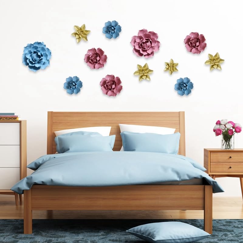 Handmade Ceramic Wall Flower Porcelain Decorative Flowers 3D Wall Hanging Decor for Living Room Bedroom,Blue Peony 4.72''(Large) - color: Blue, size: Large