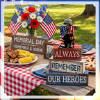 CroBlissful 4 Pcs Memorial Day Decorations 4th of July Patriotic Tabletop Decoration Red White Blue Table Centerpieces Alway Remember Our Heroes Sign for Tiered Tray Home Shelf 250th Anniversary - style: 4th of July