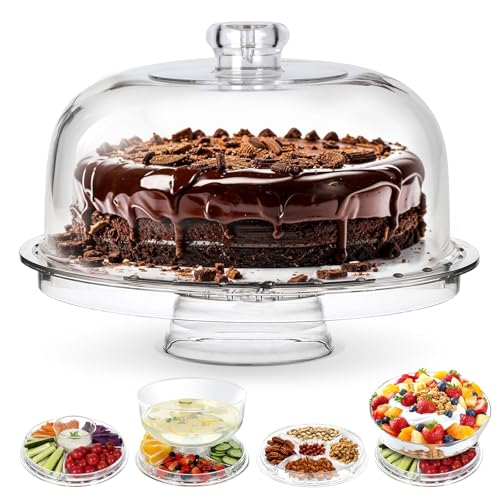 Masthome Cake Stand with Demo Cover, 6 in 1 Multi-Functional Serving Platter Display Stand for Christmas Wedding Party, Acrylic Cake Plate/Salad Bowl/Dessert Platter, BPA-Free, Send 2 Spoon - color: Acrylic Cake Stand With Lid