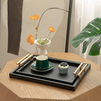 Set of 2 Modern Elegant Large Wood Serving Tray, Rectangle Decorative Tray Ottoman Tay Coffee Table Tray, Black Crocodile Leather with Gold Polished Metal Handles - style: Black Crocodile Tray