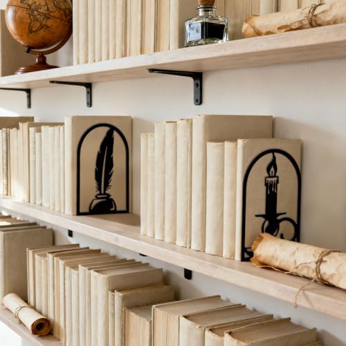 Peacoblue Metal Bookends for Shelves, Modern Decorative Heavy Duty Study Book Ends Stoppers for Office Desk Shelf Room 5.3"x4.3"x7.9" Cast Iron Simple Bookends 1 Pair (Quill Pen with Candlestick) - style: Quill Pen with Candlestick