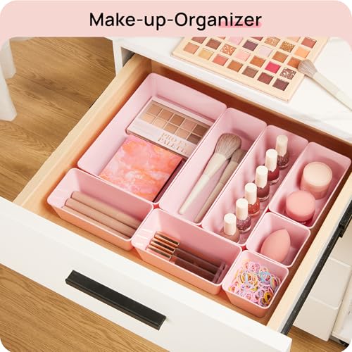 Vtopmart 25 PCS Plastic Drawer Organizers Set, 4-Size Versatile Bathroom and Vanity Drawer Organizer Trays, Storage Bins for Makeup, Bedroom, Kitchen Gadgets Utensils and Office - color: Pink