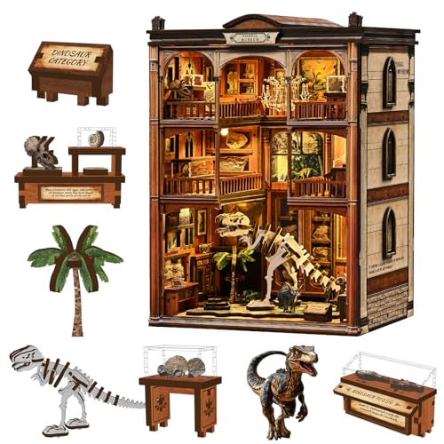 Dinosaur Museum Book Nook Kit - 3D Wooden Puzzle & DIY Miniature Dollhouse with LED Warm Light | Vintage Bookshelf Insert & Sturdy Bookends | Premium Creative Gift for Adults& Book Lovers - style: Dinosaur Museum