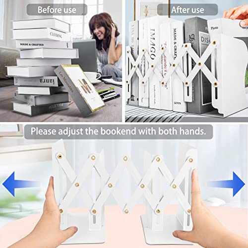 2PCS Carooyac Heavy Duty Bookends to Hold Books - Adjustable Metal Bookends for Shelves - White Book Holders - Extends up to 19 - color: White, size: 2PCS