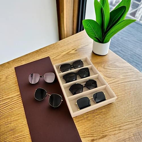 Velvet Sunglasses Organizer Tray 4 Slot, Stackable Eyewear & Glasses Display Case, Premium Beige Velvet, Scratch-Free Lining, Drawer Insert for Dressing Table Vanity Home Retail Trade Show - color: Sunglasses Tray