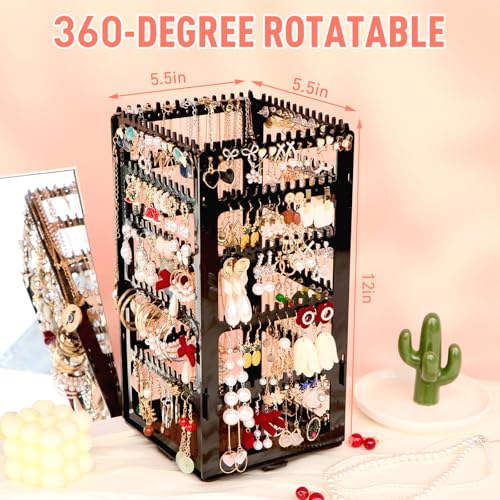 17Dec 360 Rotating Earring Holder Organizer Stand,5 Tiers Acrylic Jewelry Organizers and Storage,Stud Earring Organizers and Storage,212 Holes and 212 Grooves for Earrings Necklaces chain bracelet - color: 5-Tier,Black
