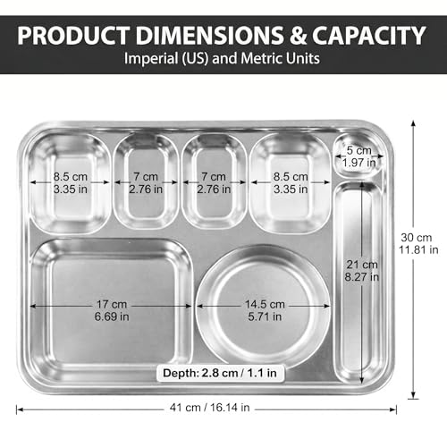 Korean Stainless Steel Divided Plates with Cutlery Slot for Adults, Premium 304, Electro-Polished, No Black Residue, BPA-Free, XL 8-Compartment Food Tray, Camping, Set of 2 - size: 8 Compartments