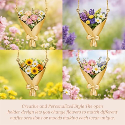 Flower Bouquet Necklace Flower Holder Necklace Pendant Creative Floral Vase Necklaces Kawaii Aesthetic Nature Spring Outfits Jewelry Gift Mothers Day Gifts - color: A2:Gold Flower Bouquet Necklace