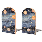 1 Pair Wood Handmade Book Ends Space Themed Art Bookends Non-Skid Decorative Bookends Book Stopper Book Shelf Holder for Shelves Heavy Books