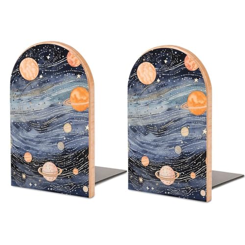 1 Pair Wood Handmade Book Ends Space Themed Art Bookends Non-Skid Decorative Bookends Book Stopper Book Shelf Holder for Shelves Heavy Books