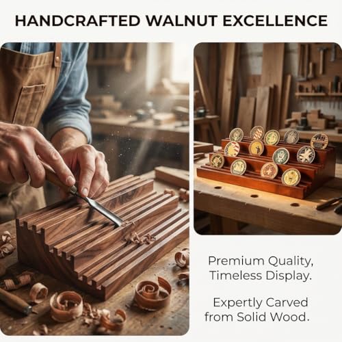 Challenge Coin Display Stand - Where Every Coin Tells A Story - Solid Wood Military Coin Rack | 9-Row Ladder Design Holds 45-60 Coins | Desktop Holder for Army Police Firefighters (Walnut) - color: Walnut